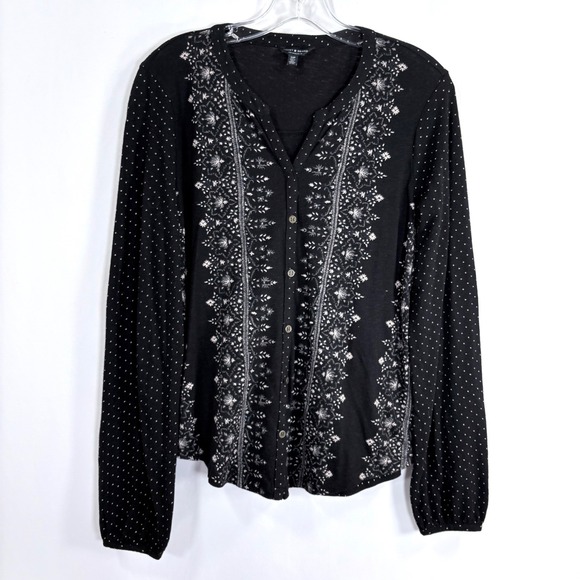 Lucky Brand Womens Black Embroidered Polka Dot Button Front Top Small Boho - Picture 2 of 7